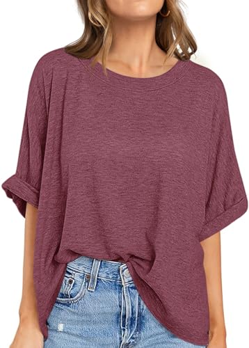 UEU Women's Oversized Crewneck T-Shirt Casual Loose Tunic Tops - color: Heather Rose, size: Small