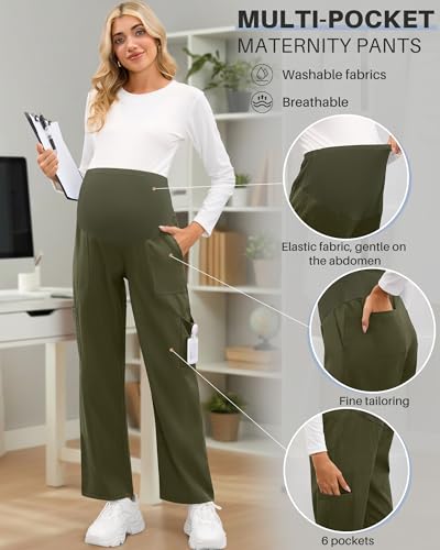 3 Pack Women's Maternity Scrub Pants with 6 Pockets - color: Black, Army Green, Khaki, size: Medium