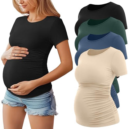 Huukeay 4 Pack Women's Short Sleeve Maternity Tops - color: Black, Apricot, Haze Blue, Dark Green, size: Medium