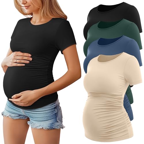 Huukeay 4 Pack Women's Short Sleeve Maternity Tops - color: Black, Apricot, Haze Blue, Dark Green, size: XX-Large