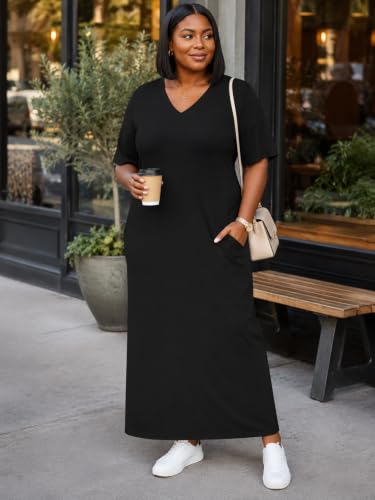 SUZONANA Women's Plus Size Maxi Dress V Neck Short Sleeve with Pockets - color: 1black, size: 4X-Large