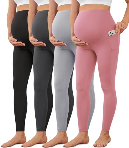 VALANDY Creamlush 2/4 Pack Maternity Leggings with Pockets Over the Belly - color: 4pack - Black/Dark Grey/Light Grey/Dusty Pink, size: Small