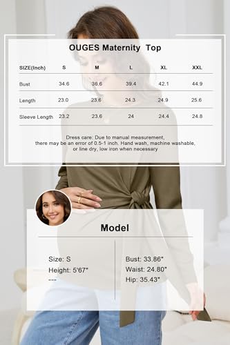OUGES Women's Bow Tie Waist Maternity Shirts Long Sleeve Pregnancy Tops Crew Neck Fall Winter Elegant Business Blouse - color: Green, size: X-Large