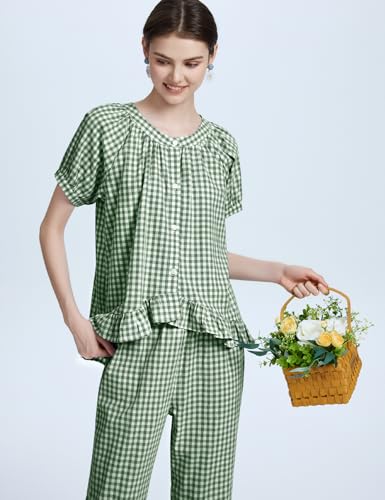 Flygo Women's Cotton Gingham Pajama Set 2 Piece Ruffle Lounge Sleepwear - color: Darkgreen, size: Medium