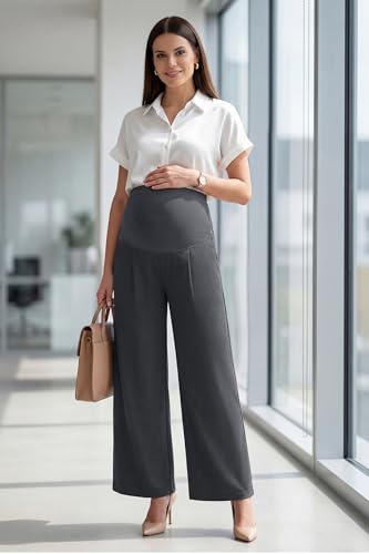 OUGES Women's Wide Leg Summer Business Casual Maternity Pants with Pockets - color: Grey, size: XX-Large