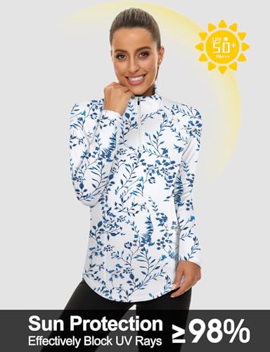 LURANEE Womens UPF 50+ Long Sleeve 1/4 Zip Pullover Athletic Hiking Running Workout Tops - color: Blue Leaf, size: Small