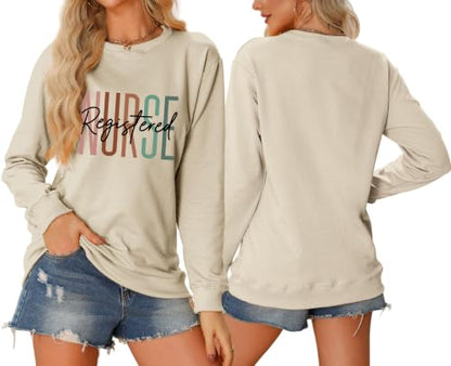Registered Nurse Sweatshirt Women RN Nurse Life Crewneck Pullover - color: Beige, size: X-Large