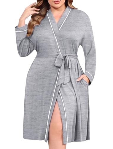 Ekouaer Plus Size Robes for Women Soft Bathrobe V Neck Soft Maternity Robe - color: Light Gray, size: 1X