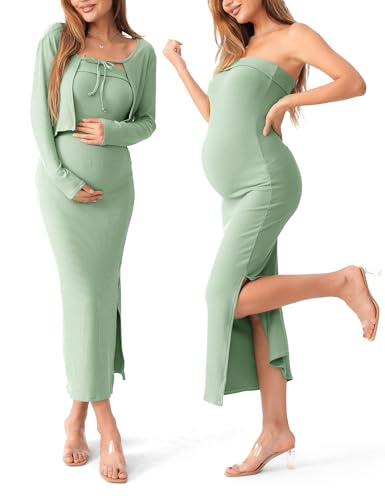 SUNNYBUY Baby Shower Maternity Tube Dress & Cardigan 2 Piece Set - color: Sage Green, size: Medium