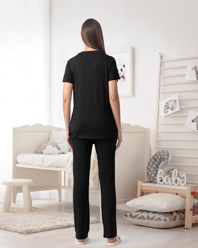 Rnxrbb 3 Piece Maternity Nursing Pajamas Set for Women Postpartum Pjs - color: Black, size: Medium