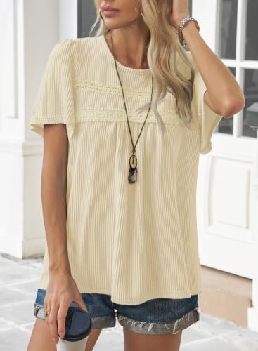 Falechay Womens Tops Boho Ribbed Flowy Stretchy Crochet Short Sleeve Shirts - color: Apricot, size: Small