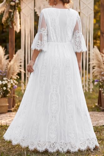 Plus Size Wedding Dresses Boho Lace Formal Bohemian Fall Long Dress - color: White, size: 22 Plus