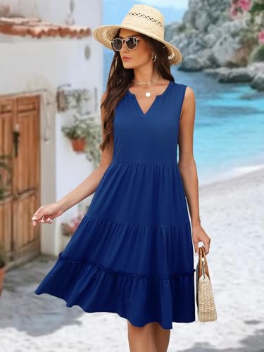Summer Dresses for Women 2026 Flowy Casual Boho Midi Sun Dress with Pockets - color: Solid-blue, size: Medium