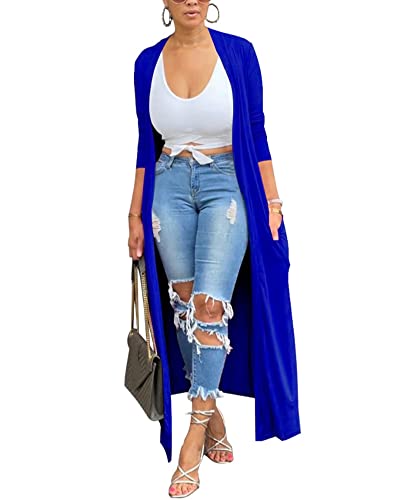 Adogirl Women's Lightweight Open Front Maxi Drape Cardigan With Pockets - color: Royal Blue, size: Medium