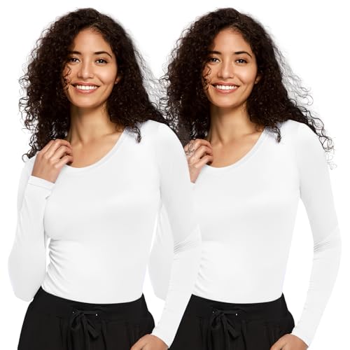 COZYFIT 2 Pack Underscrub Long Sleeve Women, Scrubs Undershirts, Crew Neck - color: White/White, size: Medium