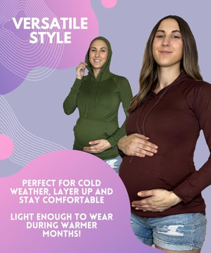 MISS POPULAR Womens Maternity Hoodie Ruched Side Long Sleeve Front Pocket Cozy Pregnancy Layering Sweatshirt - color: Black, size: Medium