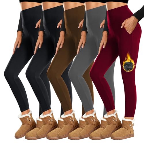 Dimore High Waisted Fleece Lined Leggings for Women with Pockets – Warm Winter Yoga Pants, Workout, Everyday Wear S-M/L-XL - color: 5packs -Black*2/Dark Gray/Burgundy/Brown, size: Large-X-Large