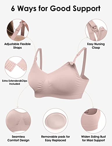 HOFISH 3PACK Full Bust Seamless Nursing Maternity Bras Bralette S-XXL with Extra Bra Extenders & Clips - color: 3pack: Black/Grey/Elegant Pink, size: Medium