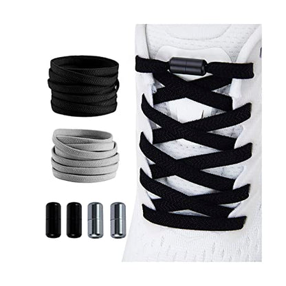2 Pair Elastic No Tie Flat Shoe Laces for Kids and Adults - Elastic No Tie Shoelaces System - color: Black+grey