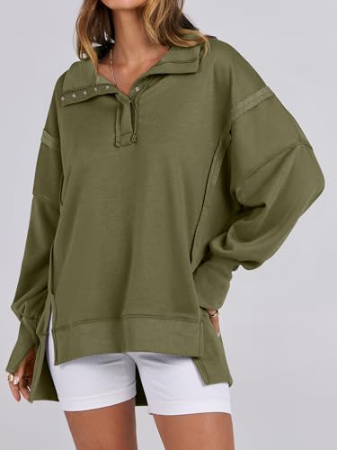 ANRABESS Sweatshirt for Women Oversized Casual Fall Henley Pullover Top - color: Army Green, size: X-Small