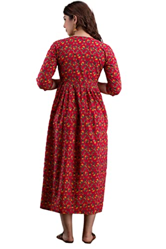 Women's Pink Cotton Pregnancy & Breastfeeding Maxi Dress - color: Red, size: Medium