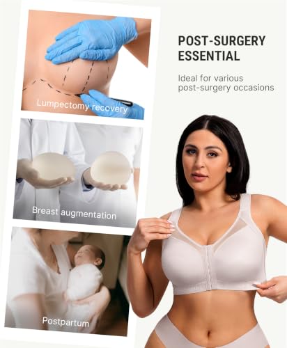 FeelinGirl Front Closure Post Surgery Compression Bra with Adjustable Straps Wireless Breast Augmentation Post Op Bras - color: Gray, size: Large