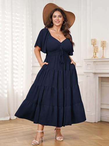 Plus Size Casual Summer Boho Maxi Long Dresses for Curvy Women - color: Navy Blue, size: 4X-Large Plus