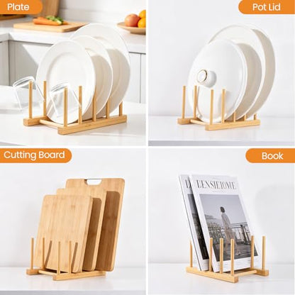 Bamboo Wooden Dish Rack-Plate Pot Lid Cutting Board Organizer Holder Rack - color: Bamboo 4 Slots 1pcs