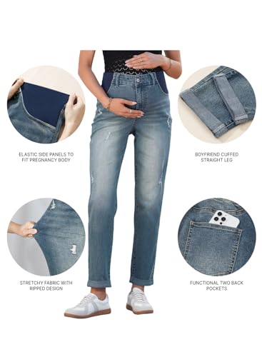 BLENCOT Maternity Jeans High Rise Stretchy Waistband Straight Leg - color: Sail Blue, size: Medium