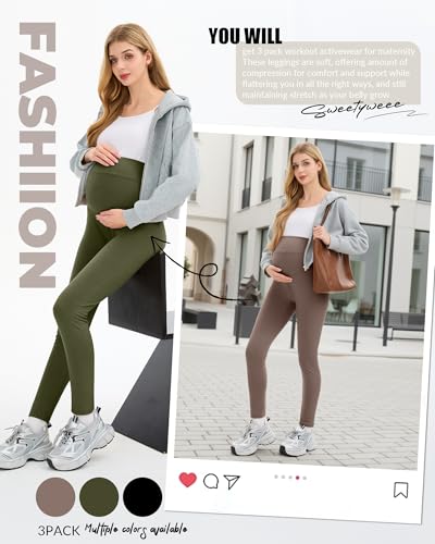 3 Pack Women's Maternity Lounge Pants - color: Black, Army Green, Brown, size: Large