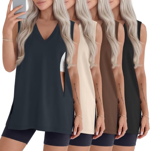 4 Pack Womens Nursing Oversized Tank Tops - color: Charcoal Gray, Cream, Brown, Black, size: Large