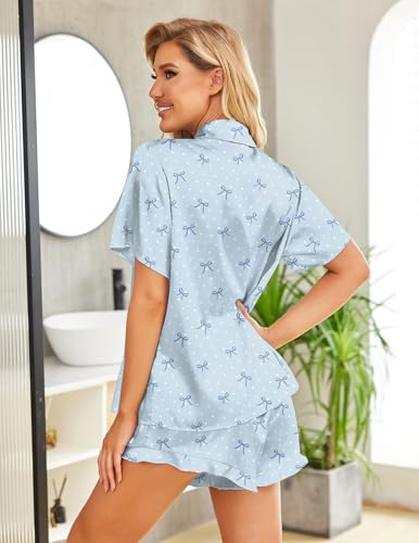HOTOUCH Womens Satin Pajamas Set Button Down 2 Piece Ruffle Shorts Set - color: Blue Bowknot, size: Medium