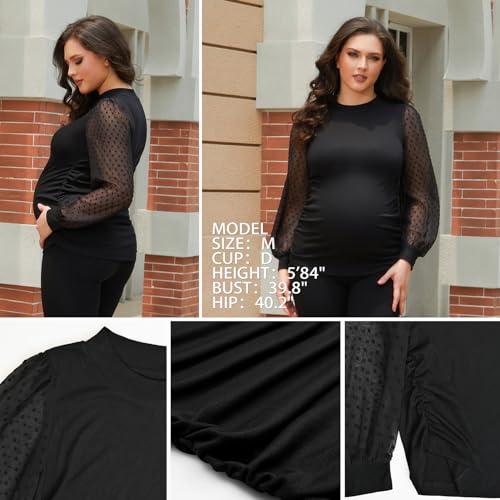 Bhome Mock Neck Maternity Shirt Ribbed Knit Maternity Blouse Mesh Long Sleeve Fitted Pregnant Top - color: Black, size: Medium