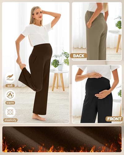 Oakgarden 3 Pack Women's Fleece Maternity Pants - color: Khaki, Brown, Black, size: Large