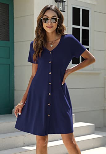 Manydress Women's Button Down Summer Dress Short Sleeve with Pockets - color: Dark Blue, size: Medium