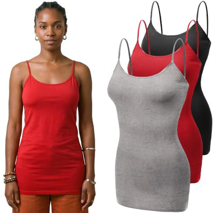 Emmalise Women's Basic Casual Long Camisole Adjustable Strap Cami Layering Top - color: 3pk - Black, Hgray, Red, size: Large