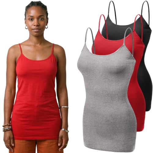 Emmalise Women's Basic Casual Long Camisole Adjustable Strap Cami Layering Top - color: 3pk - Black, Hgray, Red, size: 3X-Large