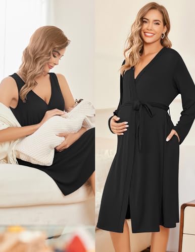 Ekouaer Maternity Nursing Gown and Robe Set Labor Delivery Nightgowns - color: Black, size: Medium