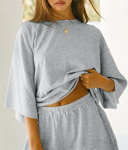 Tankaneo Womens 2 Piece Pajama Sets Oversized Tops Loose Shorts Lounge Sets - color: Grey, size: Large