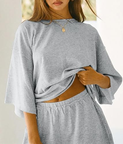 Tankaneo Womens 2 Piece Pajama Sets Oversized Tops Loose Shorts Lounge Sets - color: Grey, size: Medium