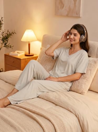 OUGES Women's Pajama Sets Lyocell Cotton Lounge Set Short Sleeve Soft Loungewear Casual Summer Travel 2 Piece Outfits - color: Beige Grey, size: X-Large