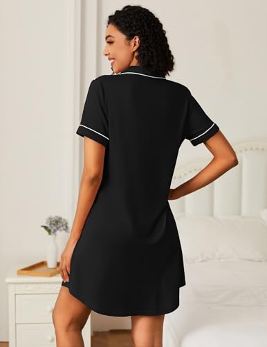 Ekouaer Nightgowns for Women Bamboo Viscose Button Down Sleepshirts - color: Black, size: Medium