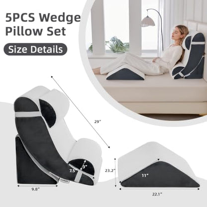 Wedge Pillow Set for After Surgery,White/Dark Grey,5PCS-23.2" - color: White/Dark Grey, size: 5PCS-23.2''