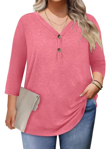 Womens Summer Plus Size 3/4 Length Sleeve Tops Button Down Shirts L-4XL - color: Pink, size: XX-Large
