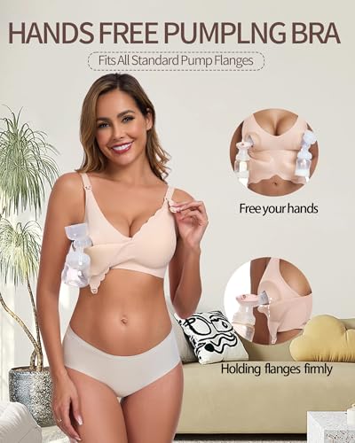 Vinfact Hands Free Pumping Bra Seamless Nursing Pump Bras Comfort Maternity Pumping Bras with Padding, Wireless Beige