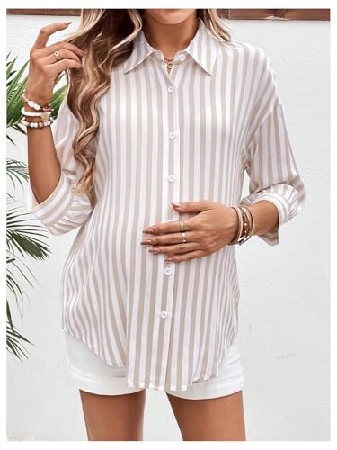 MakeMeChic Women's Maternity Shirts Blouses Striped Button Down 3/4 Sleeve Pregnancy Nursing Top - size: XX-Large
