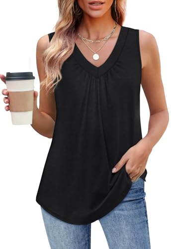 OFEEFAN Tank Top for Women Loose Fit Sleeveless Shirts V Neck Summer Clothes Ruched Women's Tees and Tanks Curved Hem - color: Black, size: Large
