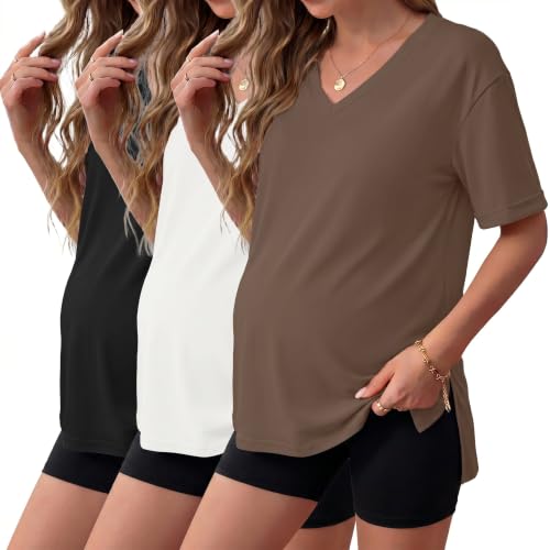Ekouaer Maternity Shirts 3 Pack Oversized Pregnancy Tops Summer Clothes - color: 3 Pcs Black/ White/ Brown, size: Small