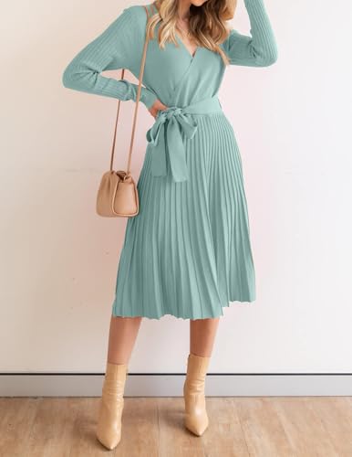 ZESICA Women's Long Sleeve Wrap Sweater Midi Dress with Belt - color: Lake, size: Large
