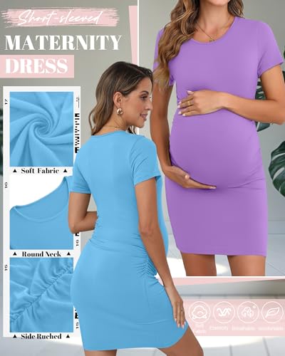 Riyiper 3 Pack Womens Maternity Short Sleeve Dresses - color: Light Blue, Light Purple, Coffee, size: Large